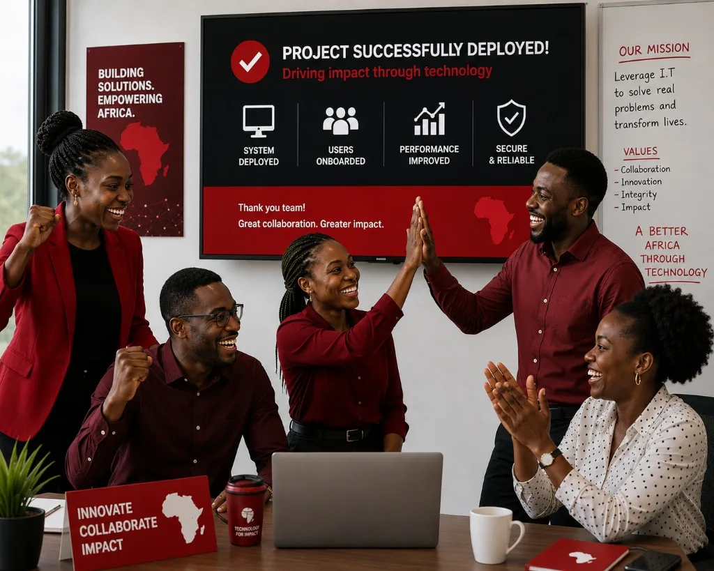 Afritech Solutions team celebrating a successful project deployment in the office